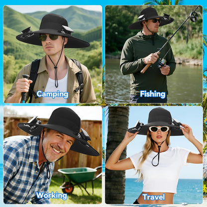 Hat with Fans Solar Power Wide Brim Solar Fan Hat, Sun Hat with 2 Fans Two Power Supply Modes, Outdoor Solar Powered & USB Charging Fishing Hat for Men Women Solar Fan Hats for Men