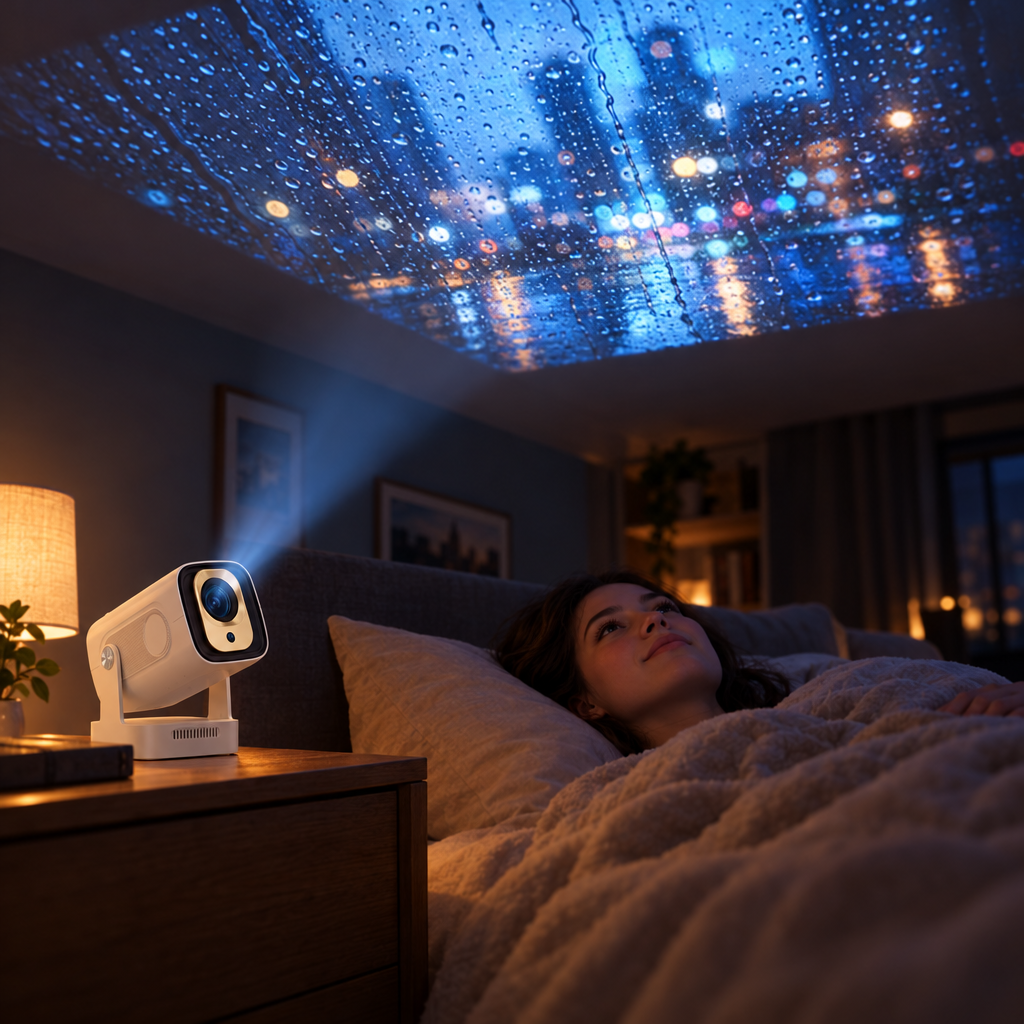 Rain projected on a bedroom ceiling